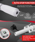 Front view of Automatic portable fuel transfer pump with auto-stop by Amazon, white handheld unit with long hose.