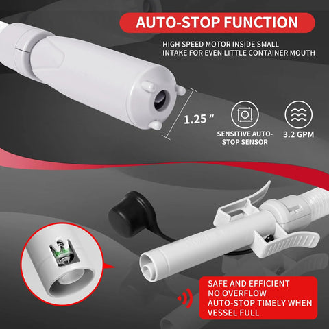 Front view of Automatic portable fuel transfer pump with auto-stop by Amazon, white handheld unit with long hose.