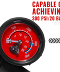 High Pressure 300 PSI Shock Pump For Mountain And Road Bikes dial gauge showing pressure capability of 300 PSI 20 BAR