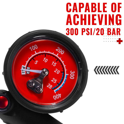 High Pressure 300 PSI Shock Pump For Mountain And Road Bikes dial gauge showing pressure capability of 300 PSI 20 BAR