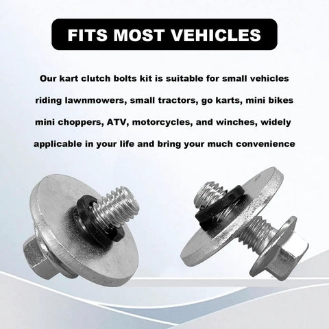 Badass 3/4 Inch Go Kart Clutch Bolt Kit With Lock Washers For Predator Engines rust resistant stainless steel fasteners for minibikes, two bolts angled view.