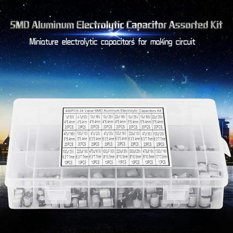 Complete Electrolytic Capacitors Assortment Kit With 400 Pieces from 1uF to 1000uF, labeled box, night sky background