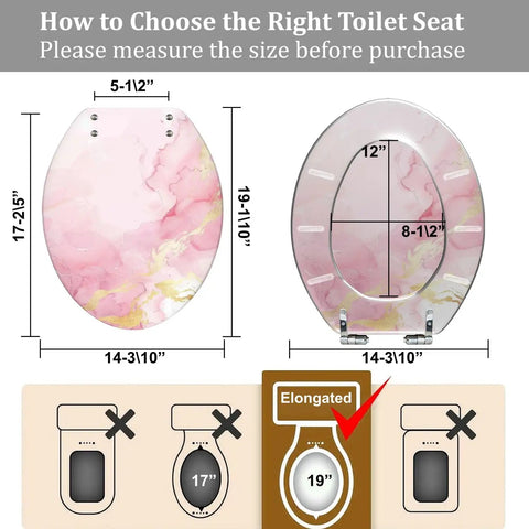 Elongated Toilet Seat Quiet Close Bathroom size measurement guide showing dimensions and fitting options.