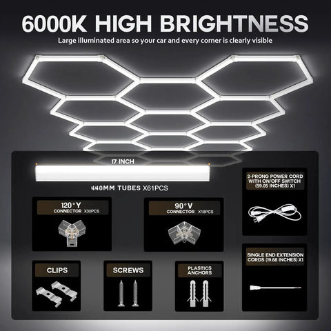 Hexagon Led Garage Light Set With 15 Hex Honeycomb Panels, 68800 Lumens, 6000K Daylight Ceiling Shop Light components displayed