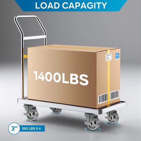 Platform cart with 1400 lbs box, showcasing Industrial Casters Set Of 4 With 3 Inch By 1.25 Inch Cast Iron Wheel And Steel Frame