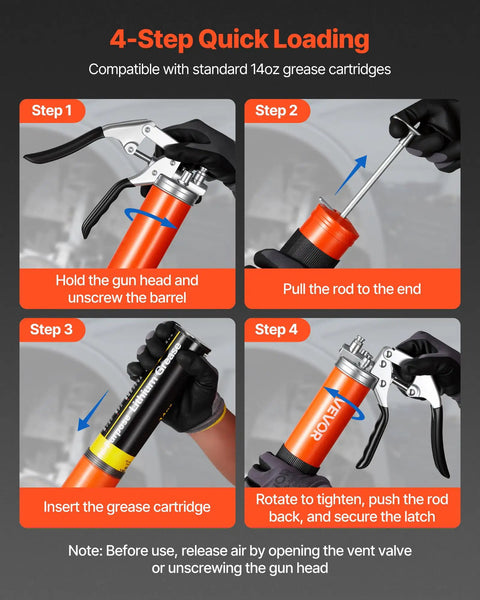 Heavy Duty 8000 PSI Grease Gun Kit With Pistol Grip, 14 Oz Capacity, 18 Inch Flex Hose assembly steps illustration