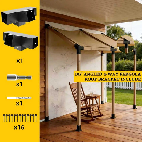105° angled 4-way pergola roof bracket kit with hardware shown on installed pergola on porch view