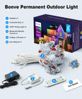 100FT RGB string lights with Bluetooth remote, adapter, controller box, screws, and user manual for outdoor use displayed in box.