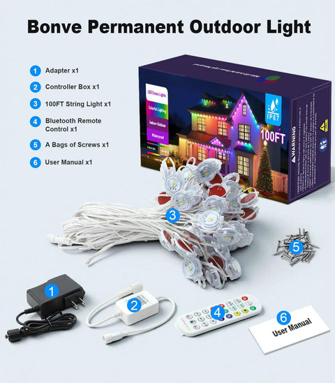 100FT RGB string lights with Bluetooth remote, adapter, controller box, screws, and user manual for outdoor use displayed in box.