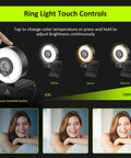 Crisp 1080P 60FPS Webcam With Built In Ring Fill Light And Smooth Touch Controls For Streaming Or Group Calls On Laptop Or Desktop PC With Dual Stereo Mics And Fast Autofocus That Hits Different And Looks Dope showcasing touch control for brightness adjustment.