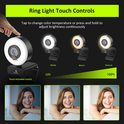 Crisp 1080P 60FPS Webcam With Built In Ring Fill Light And Smooth Touch Controls For Streaming Or Group Calls On Laptop Or Desktop PC With Dual Stereo Mics And Fast Autofocus That Hits Different And Looks Dope showcasing touch control for brightness adjustment.
