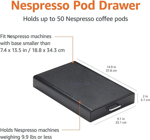 Nespresso OriginalLine Capsule Drawer Organizer Holds 50 Pods Black Tray With Easy Open Drawer, Dimensions and Compatibility