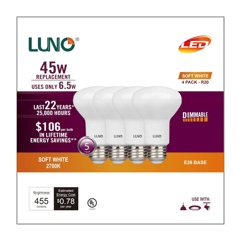 R20 Dimmable LED Bulb 6.5W 45W Equivalent 455 Lumens 2700K Soft White E26 Medium Base UL Listed 4 Pack box display