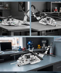 Epic Military Helicopter Building Set 33037 on desk; CH 53 transformable model displayed in office, 2,193 blocks.