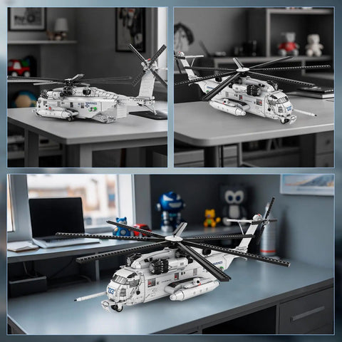 Epic Military Helicopter Building Set 33037 on desk; CH 53 transformable model displayed in office, 2,193 blocks.