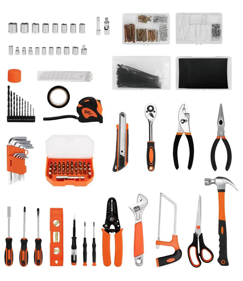 328 Piece Home Tool Set With Toolbox Storage Case And Drawer Organizer All In One Hand Tool Kit For DIY Projects And Home Repairs Includes Wrenches Sockets Screwdrivers Pliers And More shown laid out.