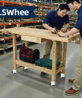 Heavy Duty Caster Wheels Set Of 4 With Leveling Stem Casters in use on workbench with tools in a workshop setting.