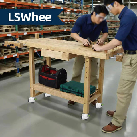 Heavy Duty Caster Wheels Set Of 4 With Leveling Stem Casters in use on workbench with tools in a workshop setting.