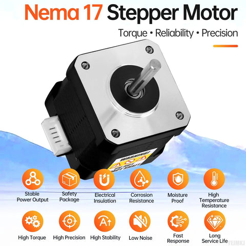 NEMA 17 stepper motor, angled front view; black housing, silver faceplate, exposed shaft and white connector.