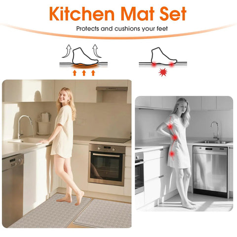Woman standing on Cushioned Anti Fatigue Kitchen Mats Set 2 Pack Non Slip Floor Rugs For Standing At Sink Or Stove Waterproof Kitchen Mats