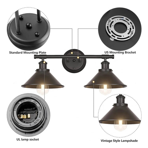 Black Two Light Vanity Wall Sconce For Farmhouse Bathrooms And Over Mirror Lighting with mounting plate details