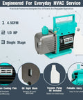 Heavy Duty Garage Staple 4.5 Cfm 1 3 Hp Vacuum Pump features aluminum cooling fins, oil sight glass, and foldable carry handle.