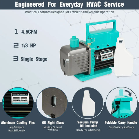 Heavy Duty Garage Staple 4.5 Cfm 1 3 Hp Vacuum Pump features aluminum cooling fins, oil sight glass, and foldable carry handle.