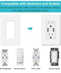 20 Pack 1 Gang Screwless Wall Plate Covers For Light Switches Dimmers GFCI And USB Outlets 4.57 In H By 2.76 In L Durable Polycarbonate Decorator Style Easy Install Fits Any Outlet showing compatibility with various switches and outlets including USB, sensors, GFCI, and dimmer switches.