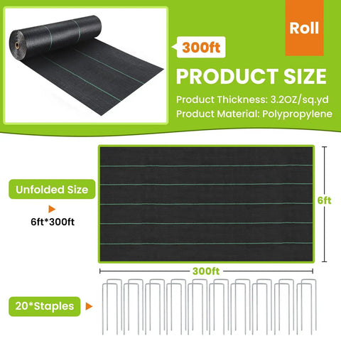 6x300ft Heavy Duty Weed Barrier Landscape Fabric 3.2oz Woven Geotextile Ground Cover with 20 Staples
