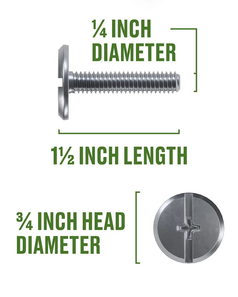 Tough Stainless Hurricane Bolts Set For Storm Panels With Phillips And Slotted Drive Quarter Inch By Twenty Threads Per Inch By One And One Half Inch Corrosion Resistant Fasteners For Structural Security And Concealed Low Profile Truss Head, showing bolt dimensions
