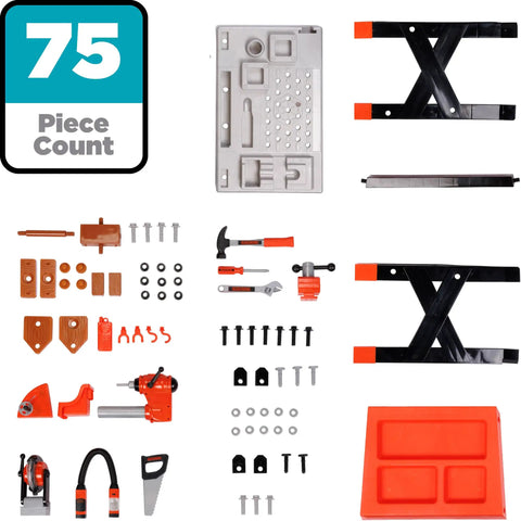 Kids Power Tools Workshop Bench With 75 Realistic Tools, Lights And Sounds, parts spread out, showing tools and accessories