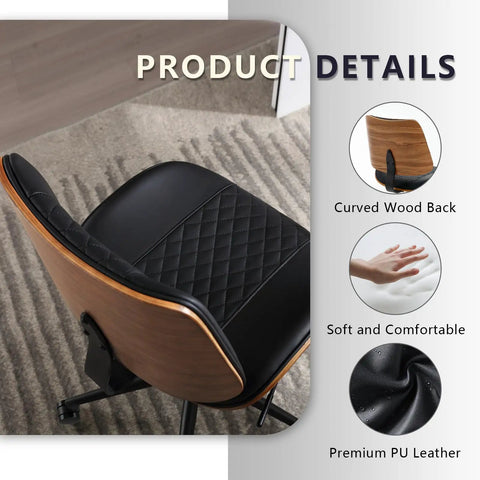 Armless Office Chair With Wheels For Home Office, Adjustable Height, PU Leather Mid Back, 360 Degree Swivel Desk Chair, walnut back view