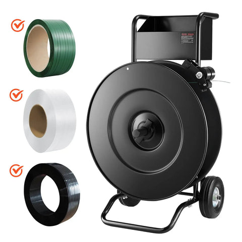 Road Ready Banding Strapping Cart For Pet And Polypropylene Coils Handles Eight Or Sixteen Inch Cores Smooth Rolling Strap Dispenser With Drum Brake And Rubber Casters True Workhorse with three coil options displayed.