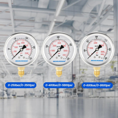 Hydraulic Test Gauge Kit With Three Gauges 0 To 250 Bar 0 To 400 Bar 0 To 600 Bar displayed in industrial setting
