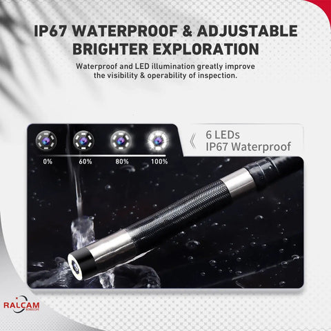 Two Way Articulating Borescope For iPhone And Android With High Temperature Protection And Auto Shutdown At 90 Degrees So You Dont Burn It Great For Tight Spots And Harsh Environments. IP67 waterproof probe with 6 LEDs and adjustable brightness