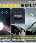 Function display of turn signal and multifunction switch for high beam, lane change signals, and windshield wipers.