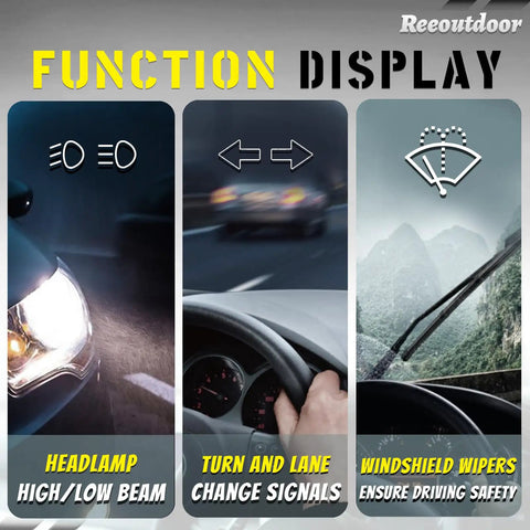 Function display of turn signal and multifunction switch for high beam, lane change signals, and windshield wipers.