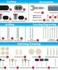 652-Piece All-In-One Rotary Tool Accessory Kit Dremel Compatible For Grinding Sanding Cutting Drilling Cleaning Polishing And Carving With Silicon Carbide And Aluminum Oxide Wheels Diamond Grinding Bits HSS Drills Wire Brushes Wool Polishing Wheels showing cut-off wheels, drills, brushes, and collets