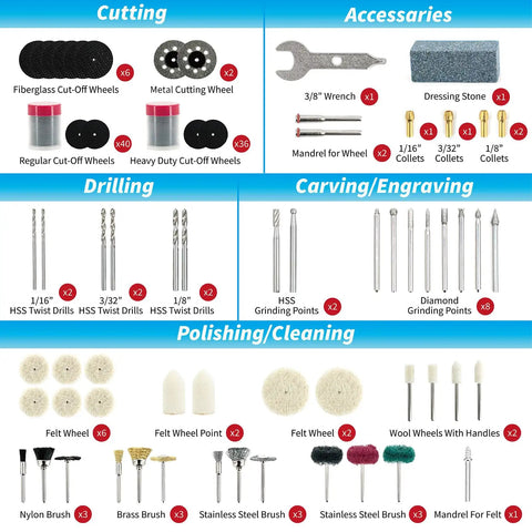 652-Piece All-In-One Rotary Tool Accessory Kit Dremel Compatible For Grinding Sanding Cutting Drilling Cleaning Polishing And Carving With Silicon Carbide And Aluminum Oxide Wheels Diamond Grinding Bits HSS Drills Wire Brushes Wool Polishing Wheels showing cut-off wheels, drills, brushes, and collets