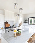 Kitchen with Three Light Glass Pendant Light With Brushed Nickel Finish And Clear Glass Shades Adjustable Cord Cool Farmhouse Ceiling