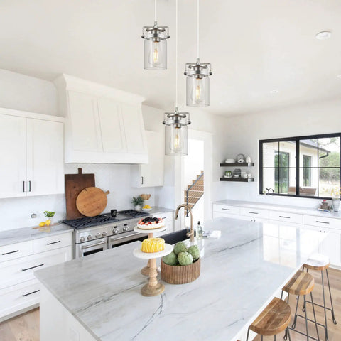 Kitchen with Three Light Glass Pendant Light With Brushed Nickel Finish And Clear Glass Shades Adjustable Cord Cool Farmhouse Ceiling