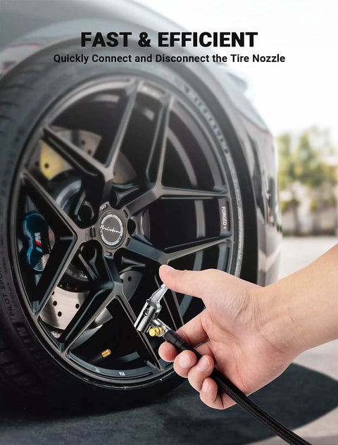 Pumping air with Upgraded Tire Inflator Hose Adapter With 360 Degree Rotating End 21 Inch Inflation Hose Self Locking Air Chuck