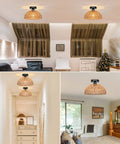 12.2 Inch Rattan Ceiling Light Fixtures Set Of 2, Rustic Woven Basket Flush Mount Lamps in living room and hallway settings.