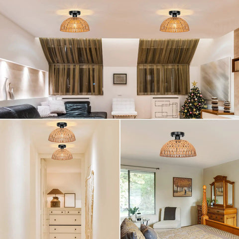 12.2 Inch Rattan Ceiling Light Fixtures Set Of 2, Rustic Woven Basket Flush Mount Lamps in living room and hallway settings.