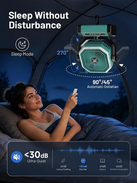 Beast Mode Portable Rechargeable Camping Fan With 9 Inch Blade 24000mAh Battery shown in tent with remote control.