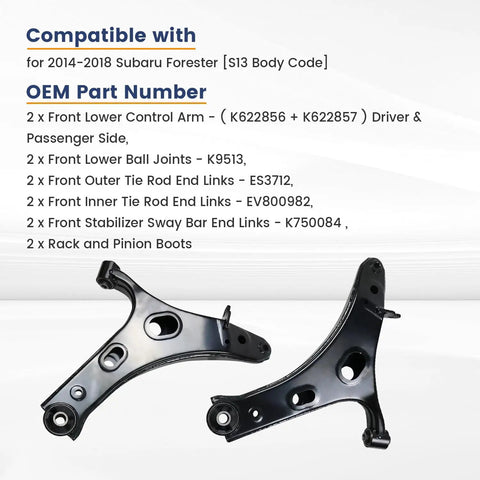 Subaru Forester Front End Suspension Kit With 12 Piece Lower Control Arms Ball Joint Sway Bar Link Outer And Inner Tie Rod End Boots Compatible With 2014 2015 2016 2017 2018 K622856 K622857, black front lower control arms