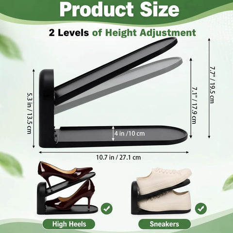 12 Pack Adjustable Shoe Slot Organizers, Double Layer Closet Stackers with height adjustment, ideal for heels and sneakers.