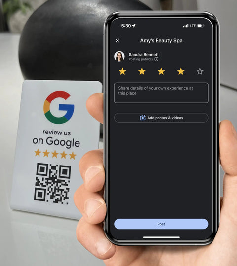 Hand holding phone showing Google review interface beside Google Review Stand With NFC And QR Code For Any Biz 3 Pack Easy Setup In Under A Minute And Flexible Review Page Destination You Can Change Anytime Today.