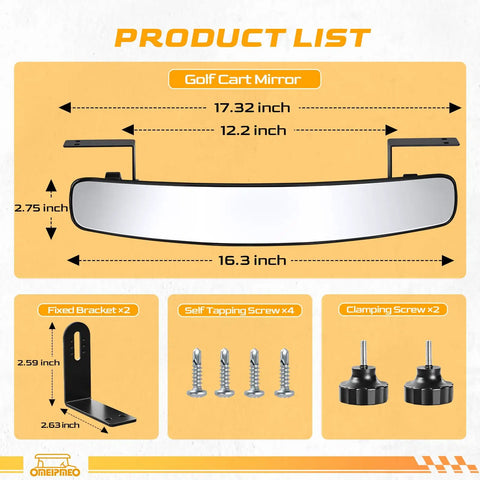 Universal Heavy Duty Golf Cart Rear View Mirror Offering Crystal Clear Panoramic Vision With Smooth 270 Degree Rotation dimensions and mounting accessories.