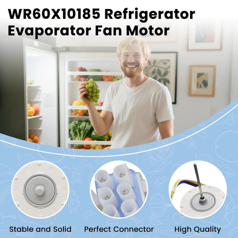 Go To Evaporator Fan Motor For Refrigerator Replacement 9.75V DC 6 Pin Plug 3.25W Compatible with WR60X10185, showing features and man smiling with open fridge